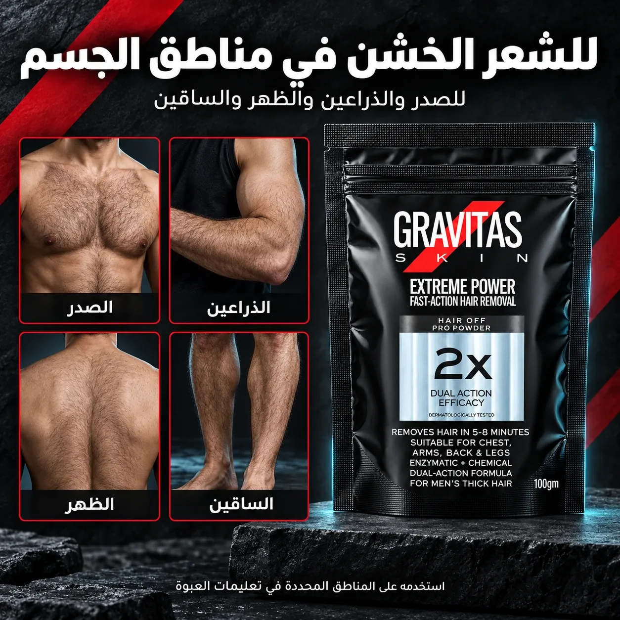 مناطق استخدام الباودر: الصدر والذراعان والظهر والساقان